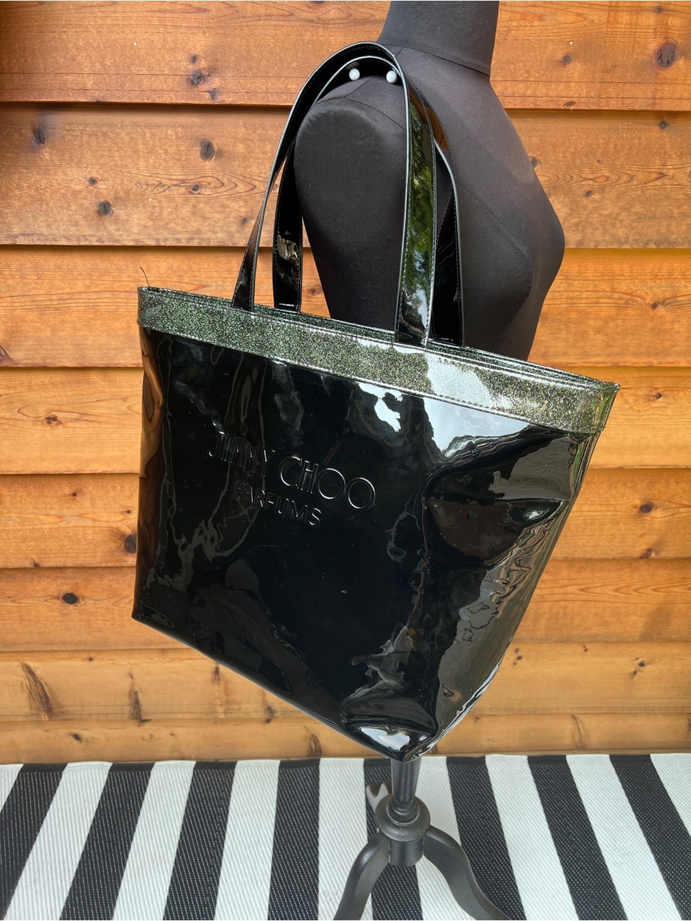 Jimmy Choo Black Patent Tote with Shimmer Trim